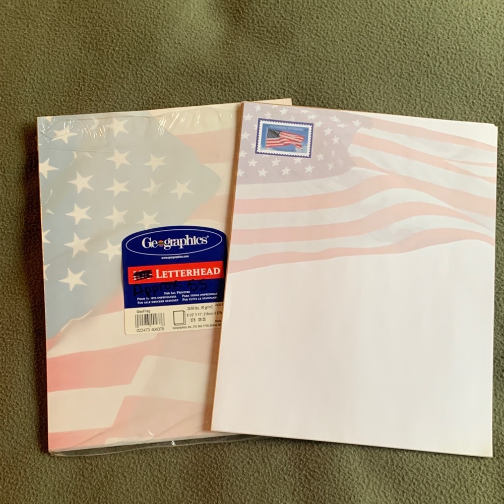 Geographics Letterhead. 8 1/2” x 11”. Flag motifs. Open packages.